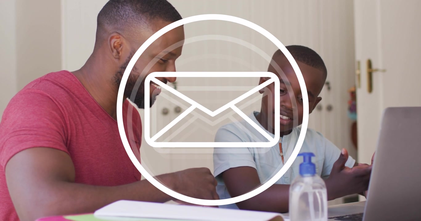 Animation of envelope icon in circle over african american father and son discussing over laptop