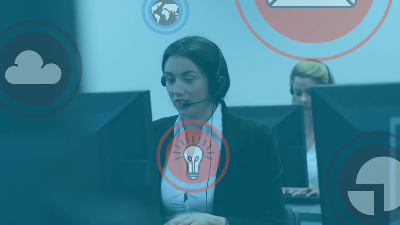 animación de la red de conexiones con iconos sobre personas de negocios que usan auriculares telefónicos