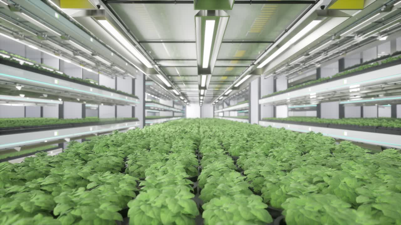 Fattoria verticale moderna con piante idroponiche e illuminazione a LED
