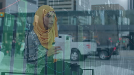 animation of financial data processing over biracial woman in hijab eating lunch in city