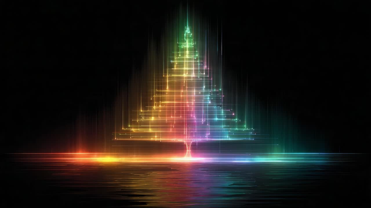Spectacular Neon Christmas Tree Glowing in Rainbow Colors with Reflections on Water, Creating a Magical Holiday Atmosphere for Festive Celebrations and Cozy Gatherings