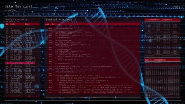 Animation of screens with programming languages over moving illuminated lines and dna helix