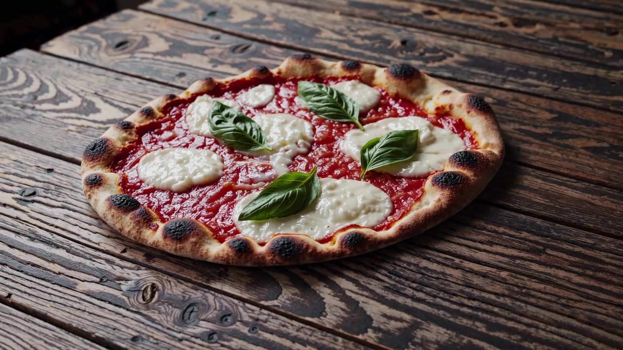 Pizza Margherita appena sfornata su un tavolo di legno rustico