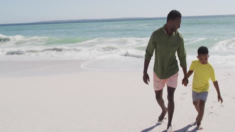 Padre-Afroamericano-Sonriente-Con-Su-Hijo-Caminando-Por-La-Playa-Soleada