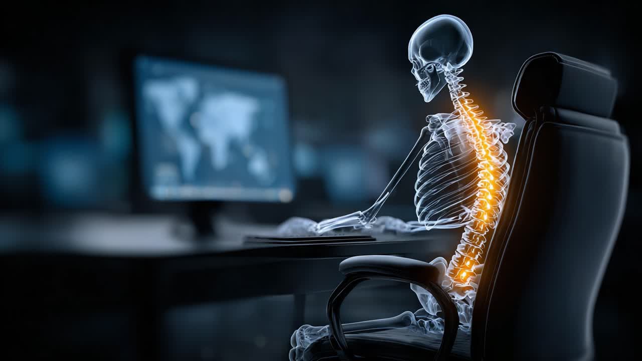 En digital fremstilling af et menneskeskelet siddende ved en computer, med en oplyst rygsøjle, der fremhæver forbindelsen mellem teknologi og menneskekroppen på en moderne arbejdsplads.