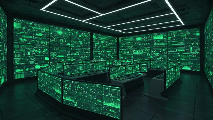 Futuristic Control Room with Green Digital Displays: An Immersive Environment Showcasing Complex Data Visualizations and High-Tech Interfaces