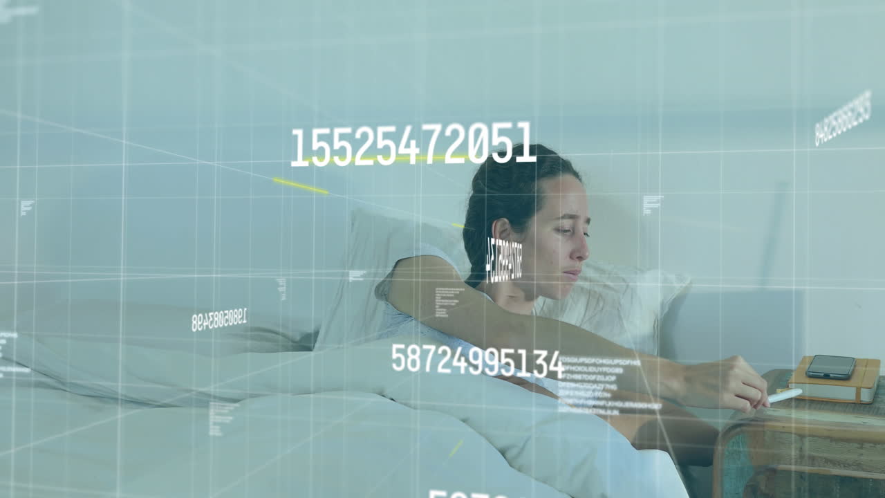 Sick woman with COVID-19 coughs as numbers float in digital composition.