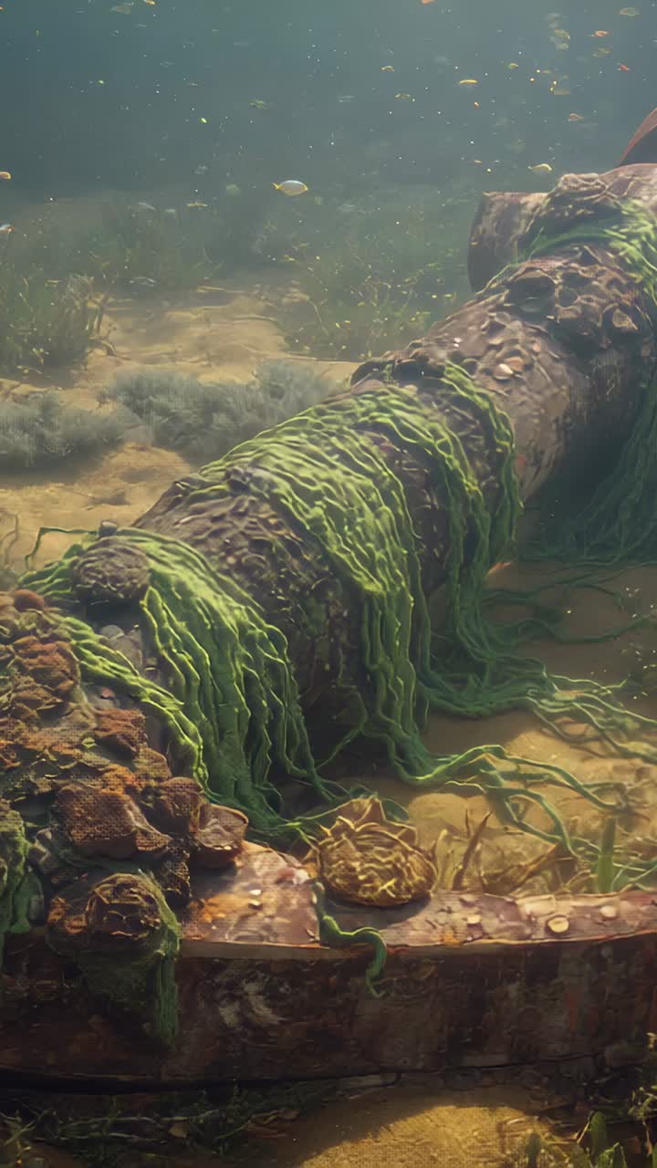 Vertical video: Panning camera revealing barnacled pipe with algae on seabed documenting growth