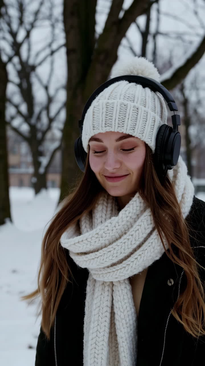 Young Woman Enjoying Music Outdoors in Winter Snow