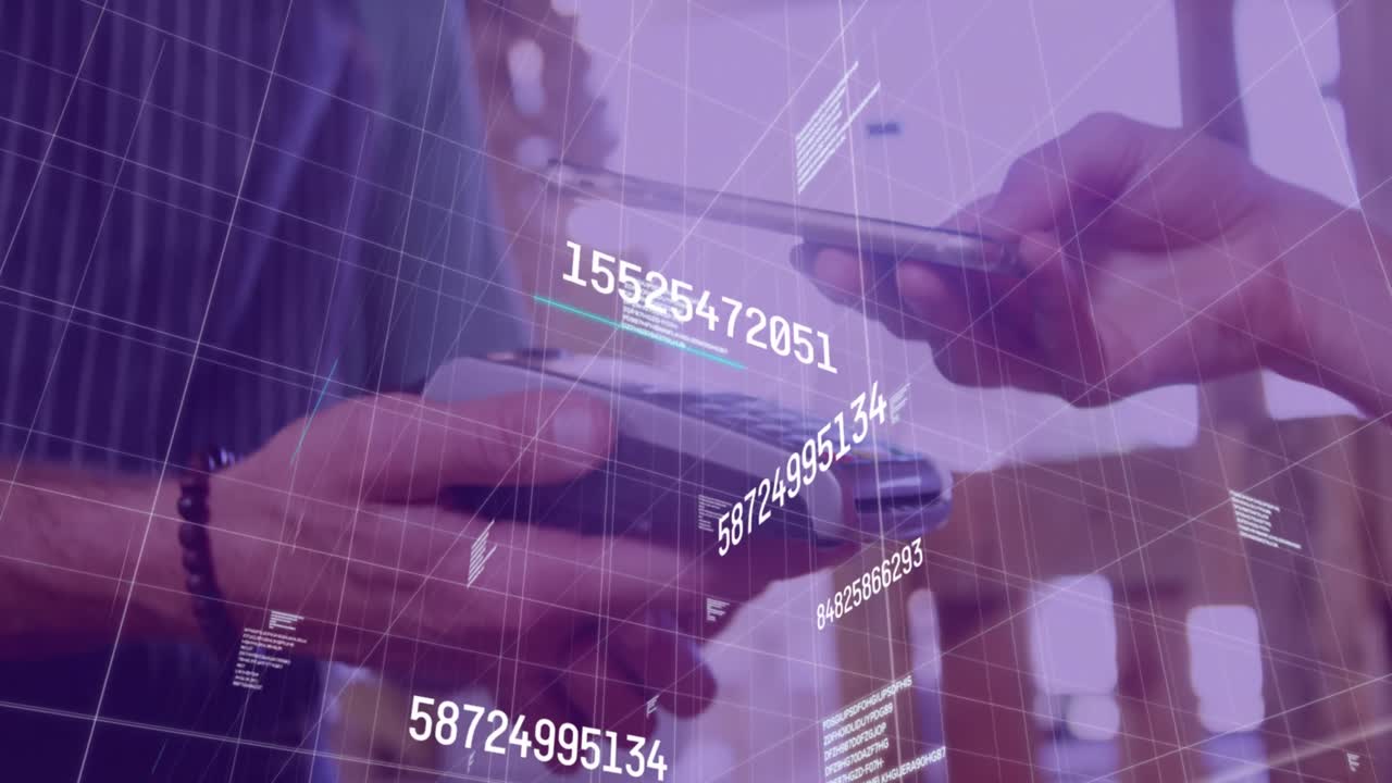 Animation of numbers and data processing over close up of a hand using phone to make a payment