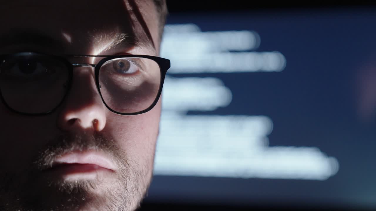 man with glasses nodding, with an AI display behind him showing code or writing. dark and deep