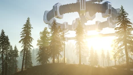 ufo flotando sobre un bosque al atardecer con un haz de luz