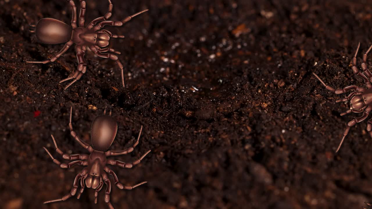 Multiple spiders move across a textured soil surface under dim lighting, creating a natural and slightly eerie atmosphere
