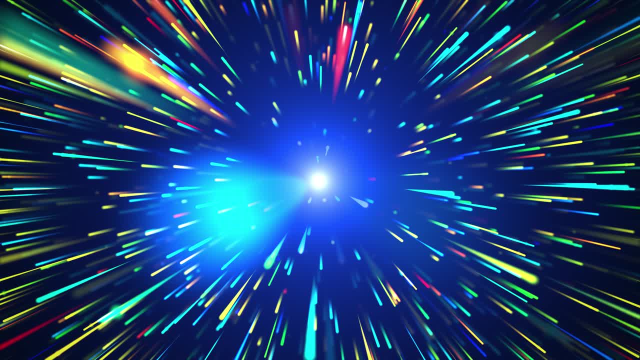 4k Speed of light Light Streaks Multicolor neon glowing rays and stars in motion Lines hyperspace background.