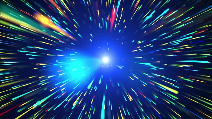 4k Speed of light Light Streaks Multicolor neon glowing rays and stars in motion Lines hyperspace background.