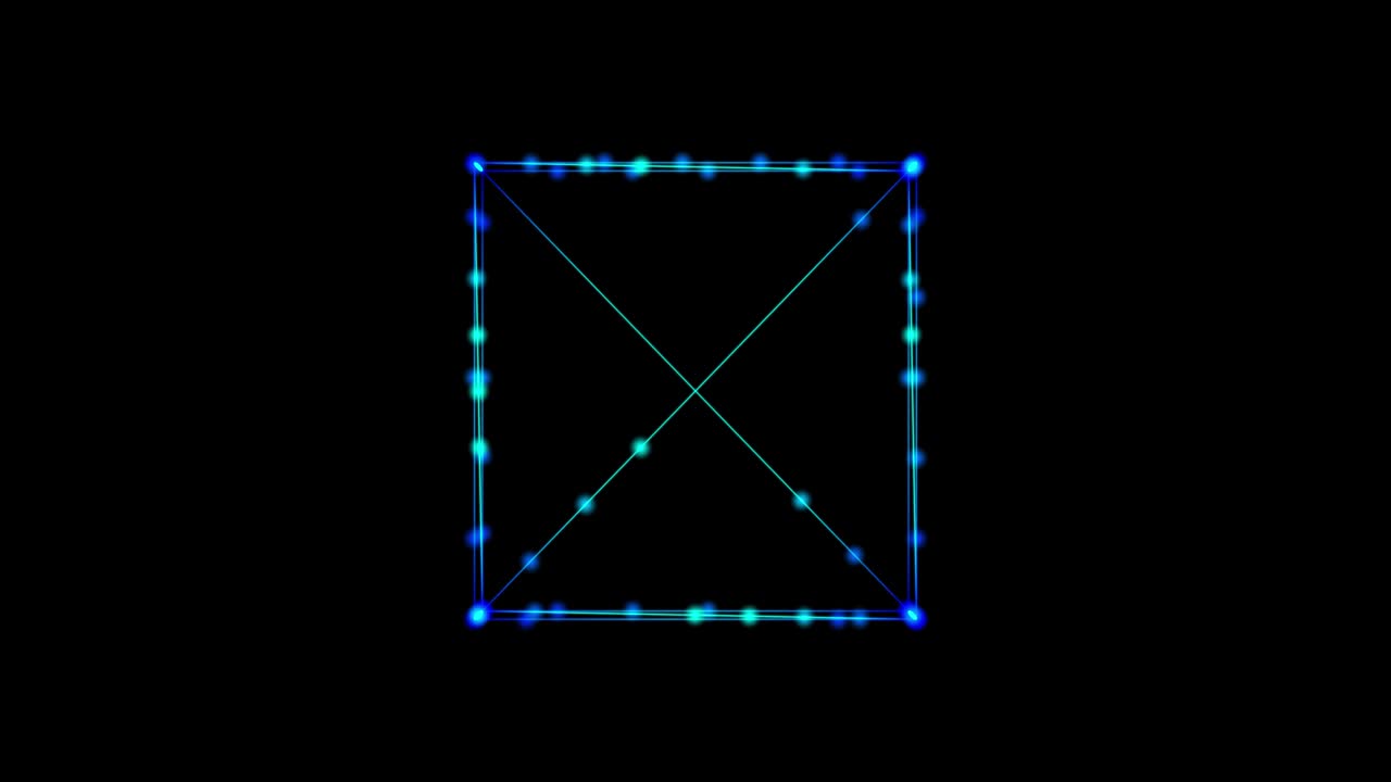 메타버스 (metaverse) 추상 기술: 애니메이션 선과 점, 입자로 만든 파란 사각형 직사각형 배경.