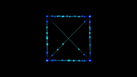 메타버스 (metaverse) 추상 기술: 애니메이션 선과 점, 입자로 만든 파란 사각형 직사각형 배경.