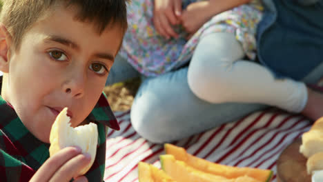 Portrait-of-boy-eating-bread-in-park-4k-