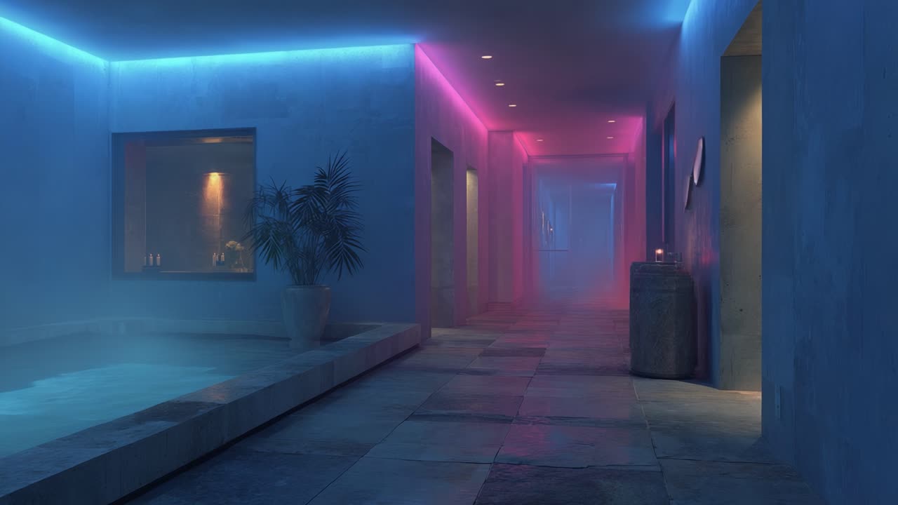 A Serene Passageway Featuring a Tranquil Spa Environment with Soft Ambient Lighting, Inviting A Sense of Calm and Relaxation in a Modern Decor Setting
