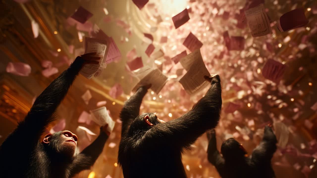 A whimsical celebration unfolds as energetic monkeys joyfully toss colorful papers into the air, creating a whirlwind of excitement and laughter in a vibrant, illuminated environment