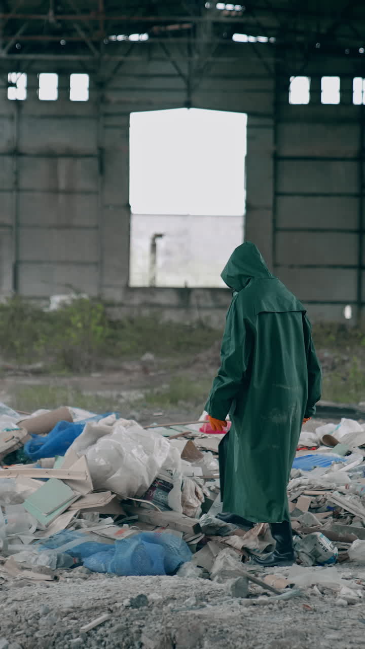 Man in protective suit and respirator in abandoned building. Ecologist in safety suit near the pile of garbage in the ruined place. Radiative zone. Vertical video