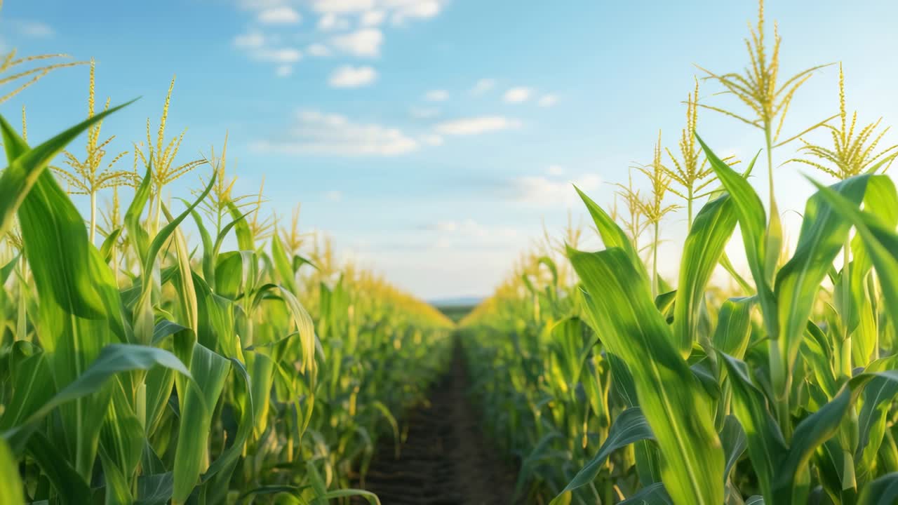 Low-angle video shot of a lush cornfield under a bright blue sky, capturing the vibrant green leaves