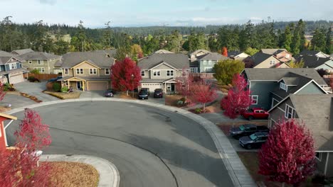 Drone-shot-passing-through-a-suburban-American-neighborhood-with-beautiful-red-leaves-on-all-of-the-trees