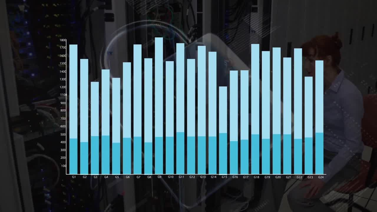 procesamiento de datos estadísticos y icono de candado sobre ingeniera caucásica que trabaja en la sala de servidores