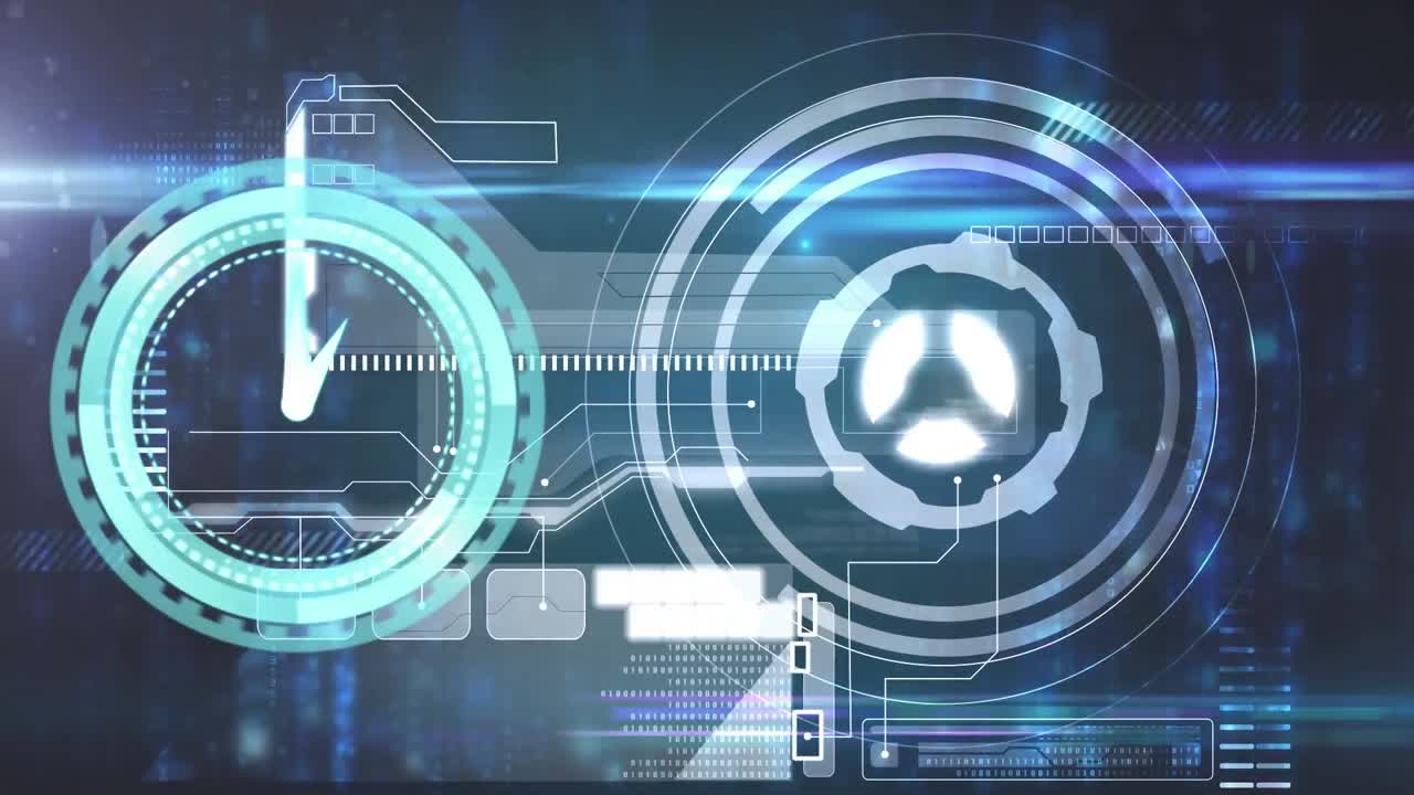Animation of clock moving fast and data processing on digital screen