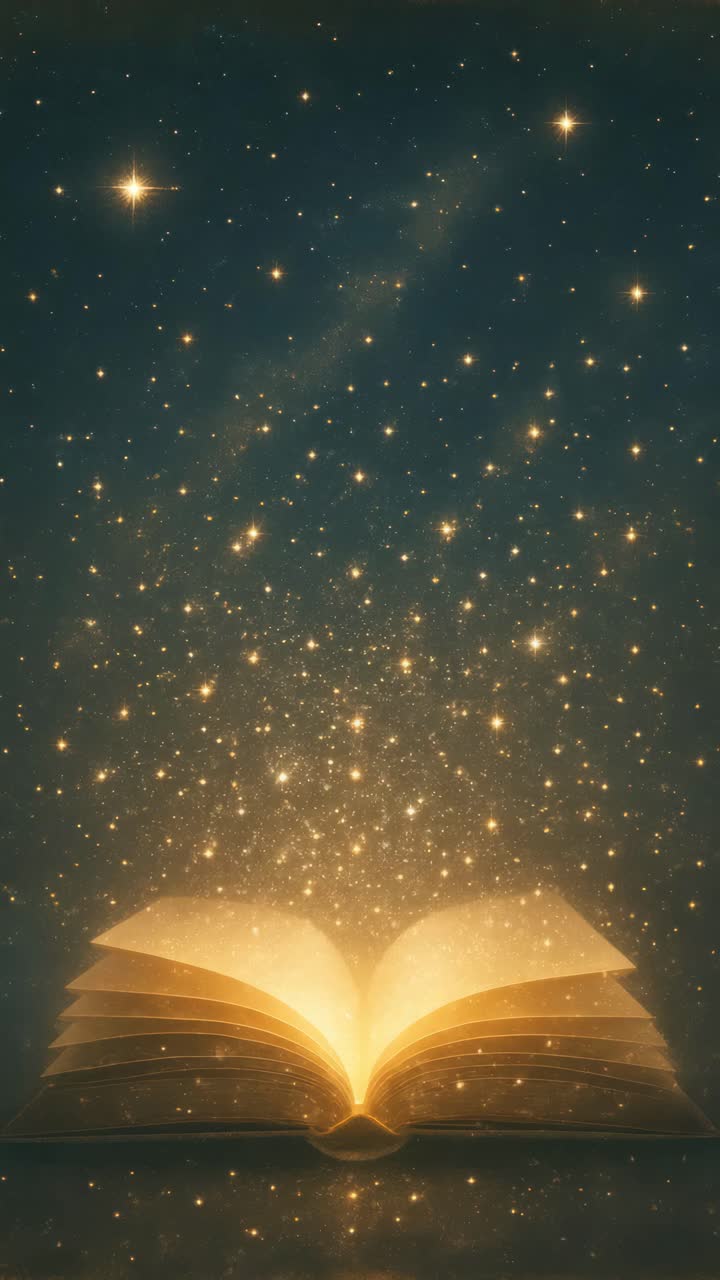 A magical open book emits glowing light and stars, captured from a low angle