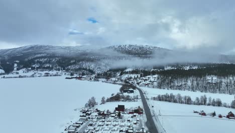 Oppheim-camping-and-road-E16-to-Voss-and-Bergen,-Aerial