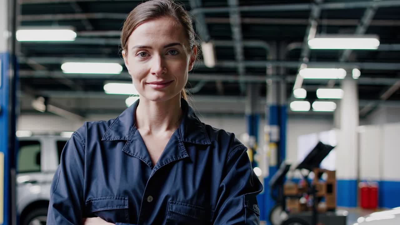 Professional female mechanic stands confidently with crossed arms in a busy auto repair shop, exuding expertise and competence in her field
