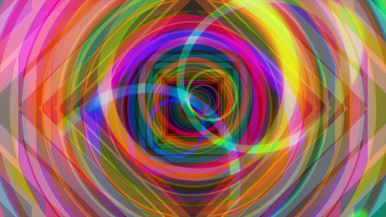 밝고 다채로운 몽환적인 터널을 날아다니며 원과 사각형, 원활한 루프, 애니메이션, 무지개 색상, 기하학적 인 인물이 터널에서 날아갑니다.