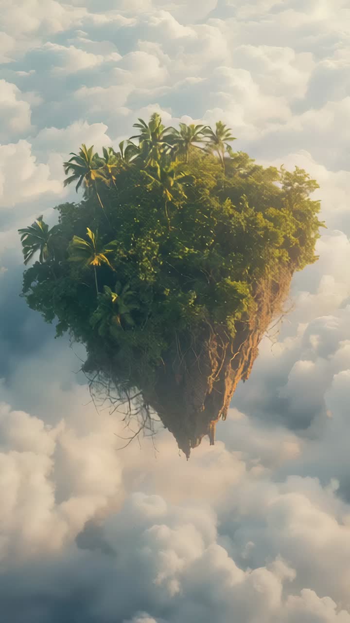 Vertical video: Camera approaching revealing triangular isle over clouds to show palm canopy, roots