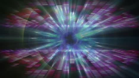 Digital-animation-of-light-waves-spinning-against-pink-mosaic-squares-against-black-background