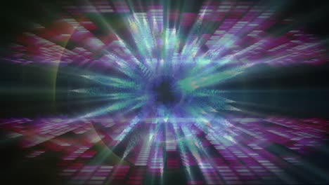 animación digital de ondas de luz girando contra cuadrados de mosaico rosado contra un fondo negro