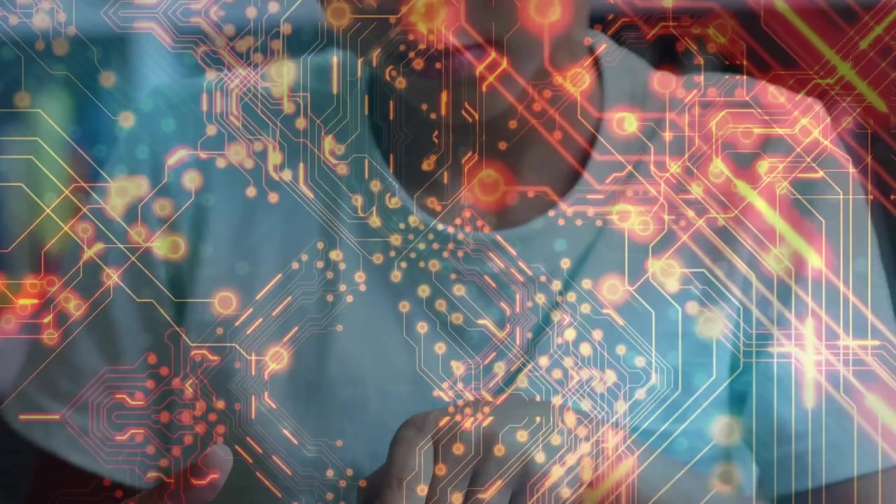 Animation of computer circuit board over goy using tablet