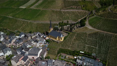 camera panning at a church in the middle of a village and a vineyard