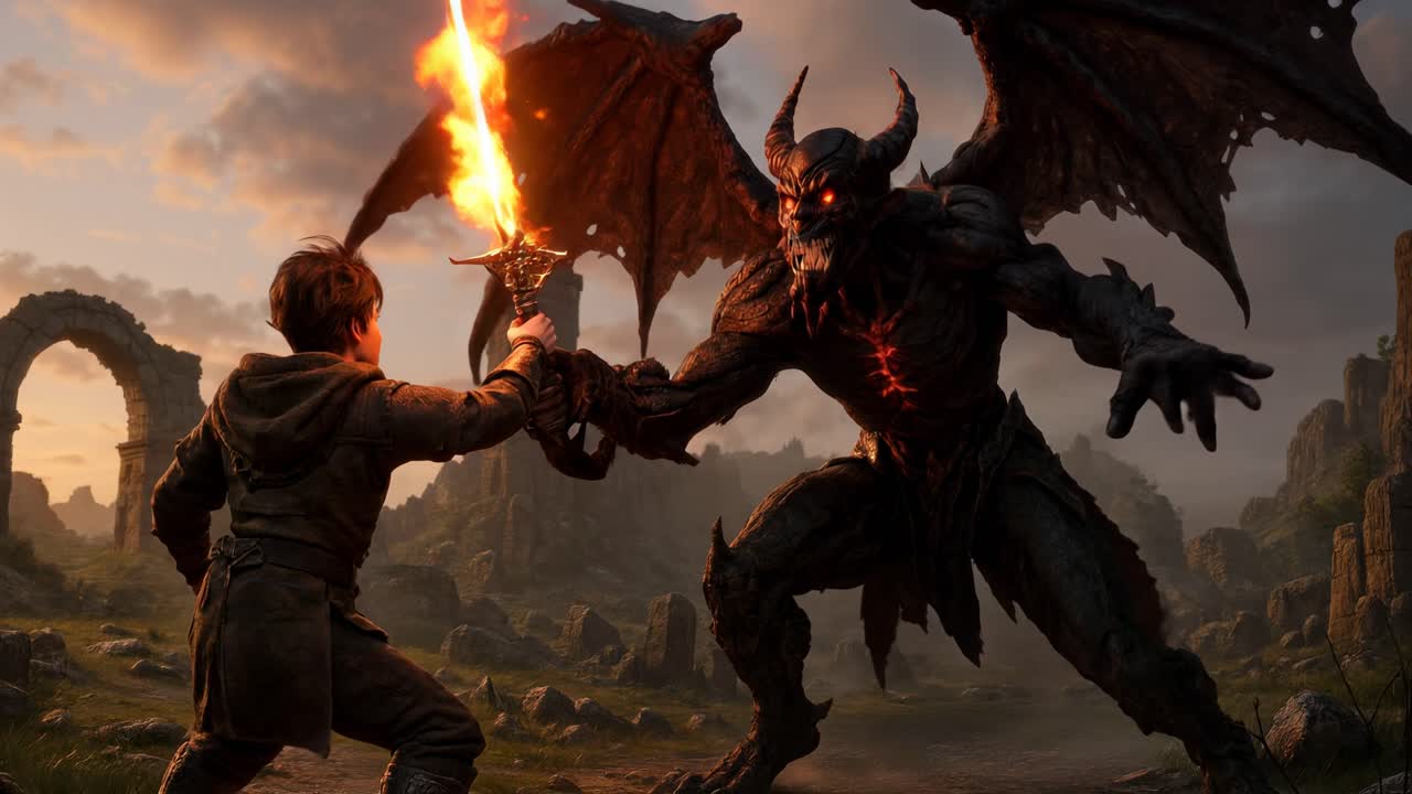 Scena fantasy epica con un guerriero che affronta un demone, ripresa da una angolazione bassa