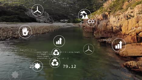animación de iconos de sostenibilidad y ecología sobre el paisaje