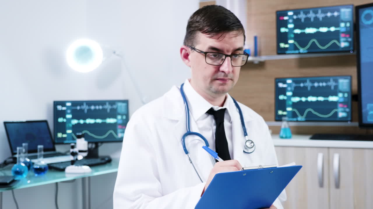 Médico em centro de neurociência anotando em prancheta.