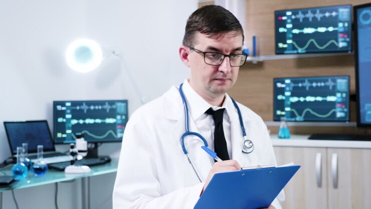 Medico in un centro di neuroscienze che scrive appunti sulla cartella