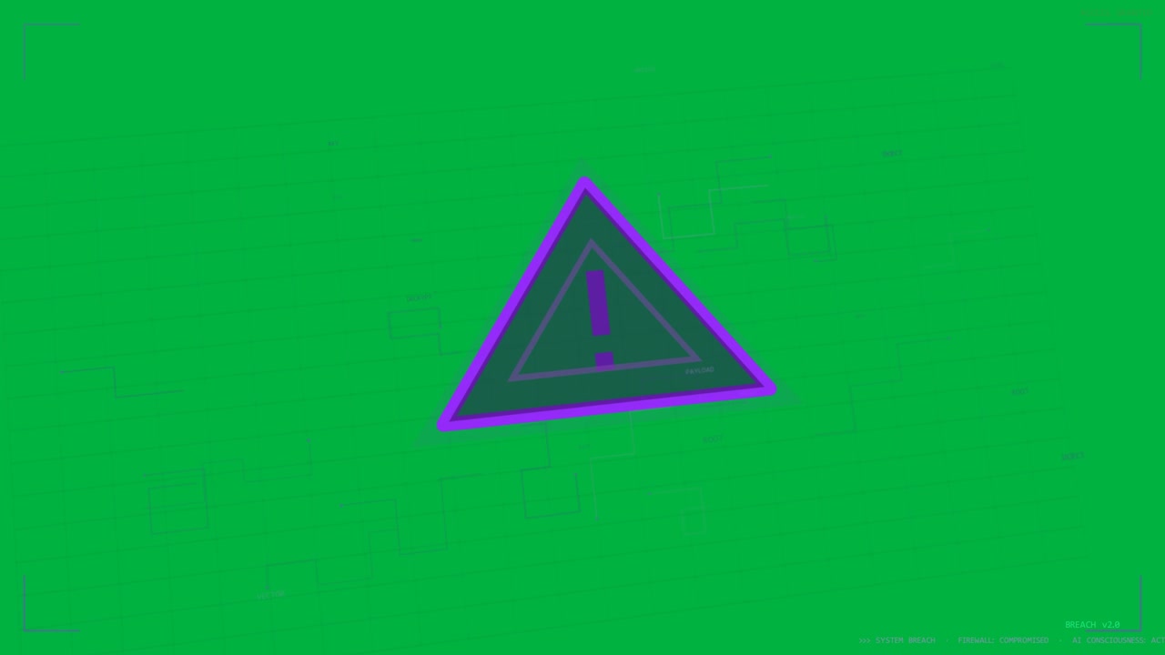 Pulsing purple alert triangle drifting on 3D grid with HUD starting, signaling alert, copy space