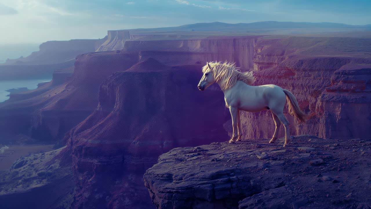 Reacting to breeze white horse lifting head on rocky outcrop, canyon cliffs, mesas, copy space