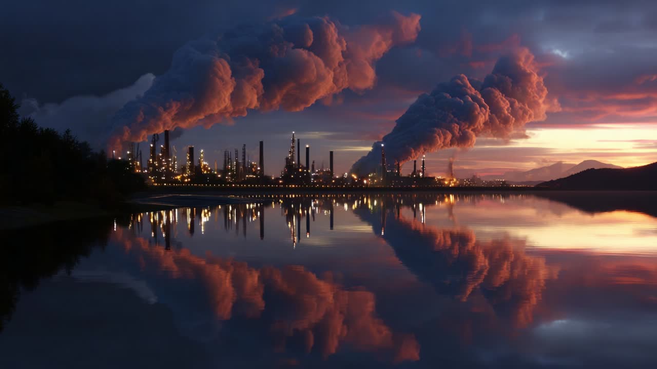 Industriel fabrik forurener miljøet ved solnedgang