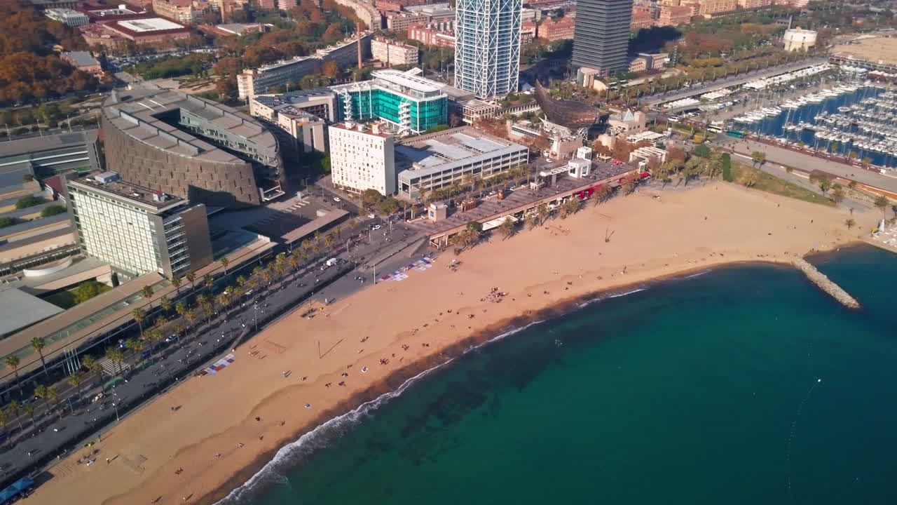 Beautiful Aerial Shot of Barceloneta Beach in Barcelona, Spain