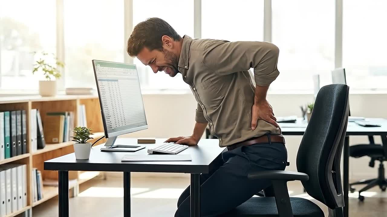Man Experiencing Back Pain While Working at Office Desk
