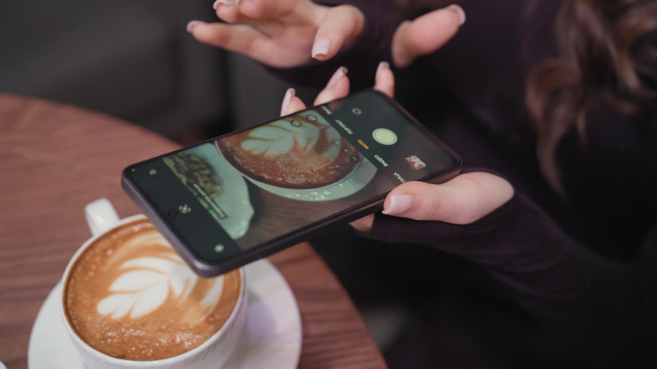 Lady holding smartphone while capturing close-up view of latte with leaf foam design on brown wooden table. Camera screen shows detailed latte art and part of pastry beside cup