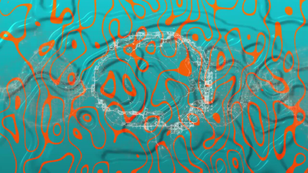 animación del cerebro humano girando sobre un patrón naranja en un fondo líquido azul