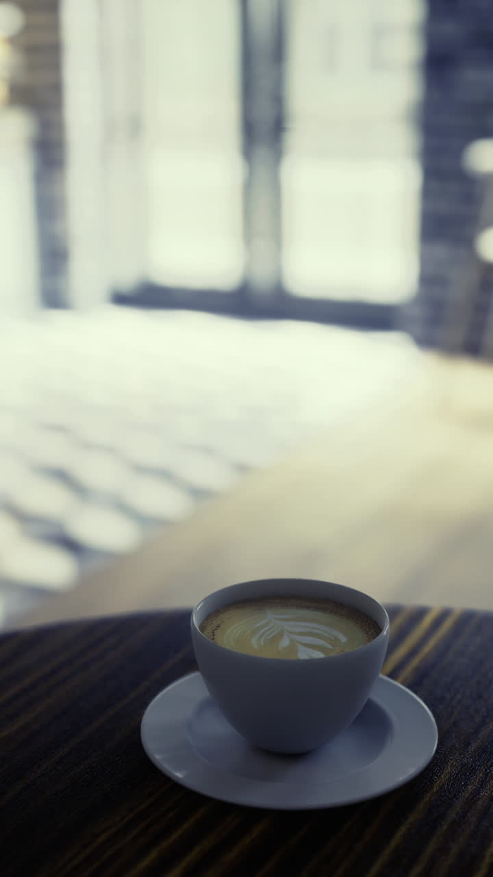 Warm coffee and dessert on a wooden table in a bright cafe